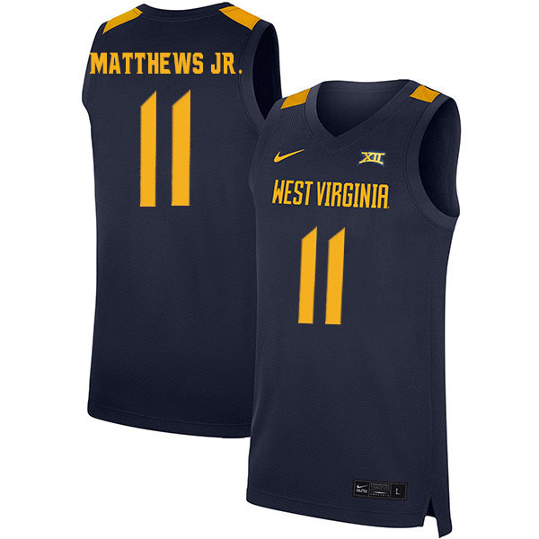2020 Men #11 Emmitt Matthews Jr. West Virginia Mountaineers College Basketball Jerseys Sale-Navy
